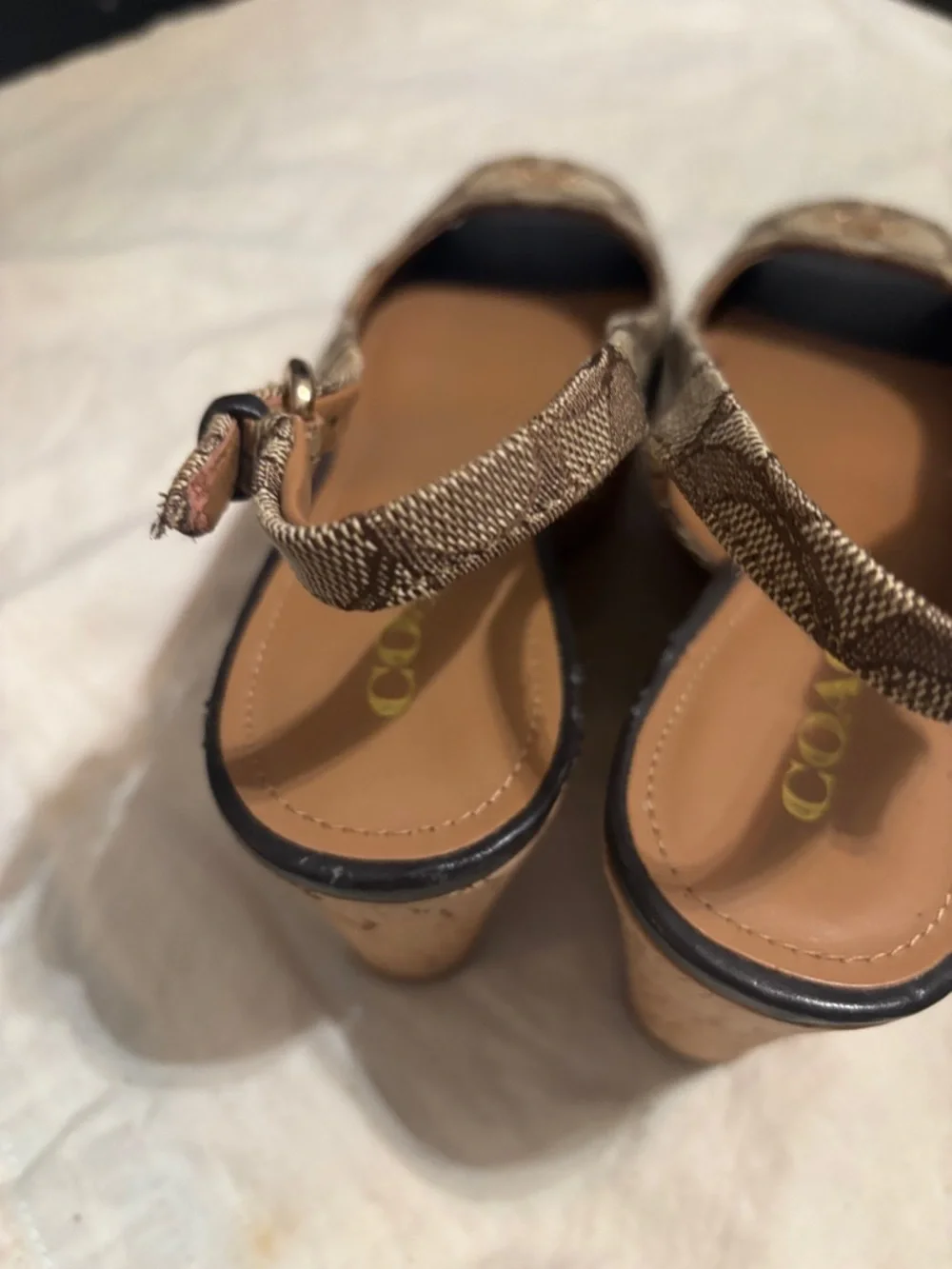 COACH Brown Signature Canvas Peep-Toe Slingback Wedges - Picture 5 of 7